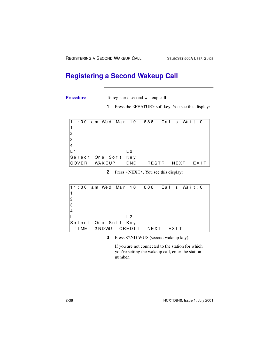 Hitachi HCX5000I manual Registering a Second Wakeup Call, To register a second wakeup call 