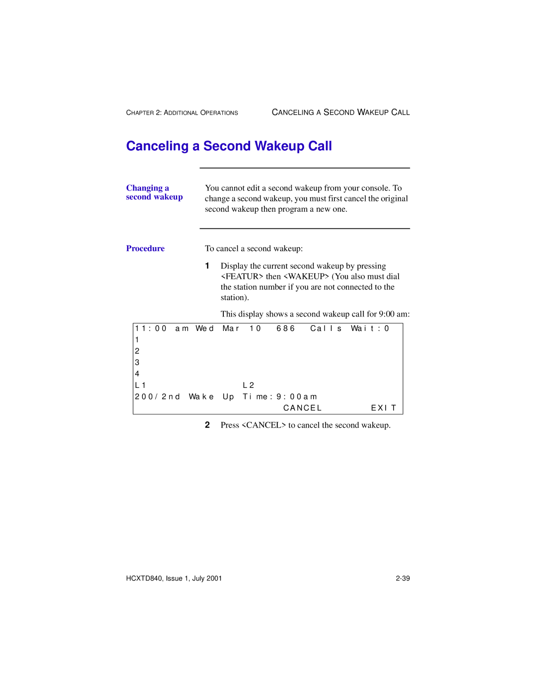 Hitachi HCX5000I manual Canceling a Second Wakeup Call, Changing a second wakeup Procedure 