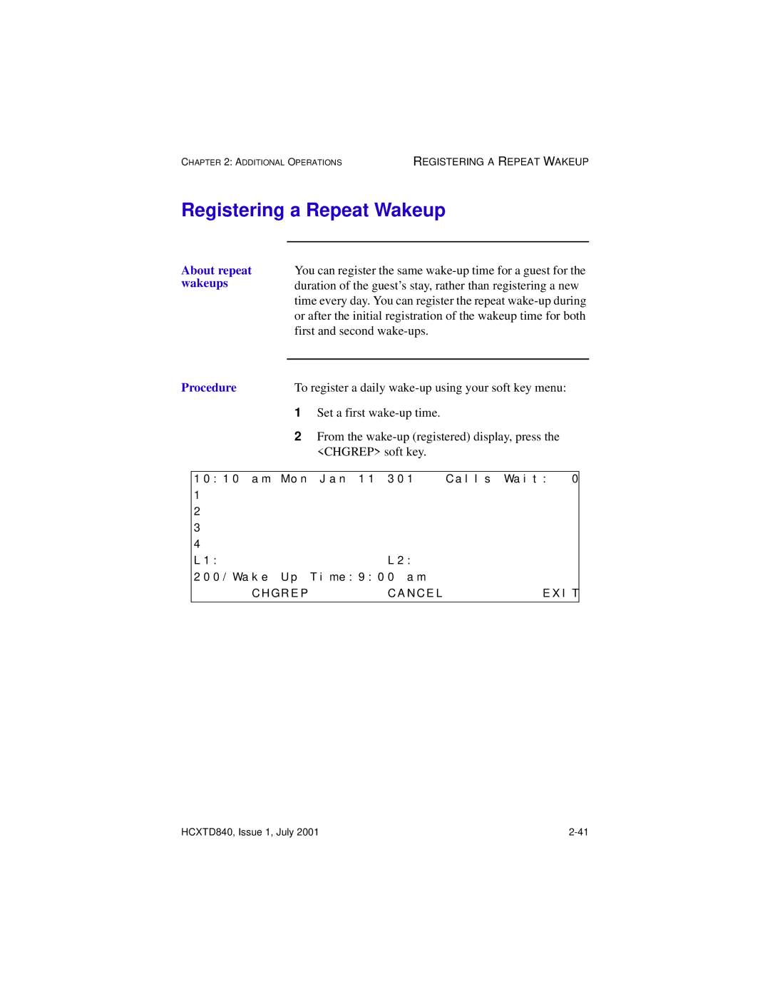 Hitachi HCX5000I manual Registering a Repeat Wakeup, About repeat wakeups Procedure 