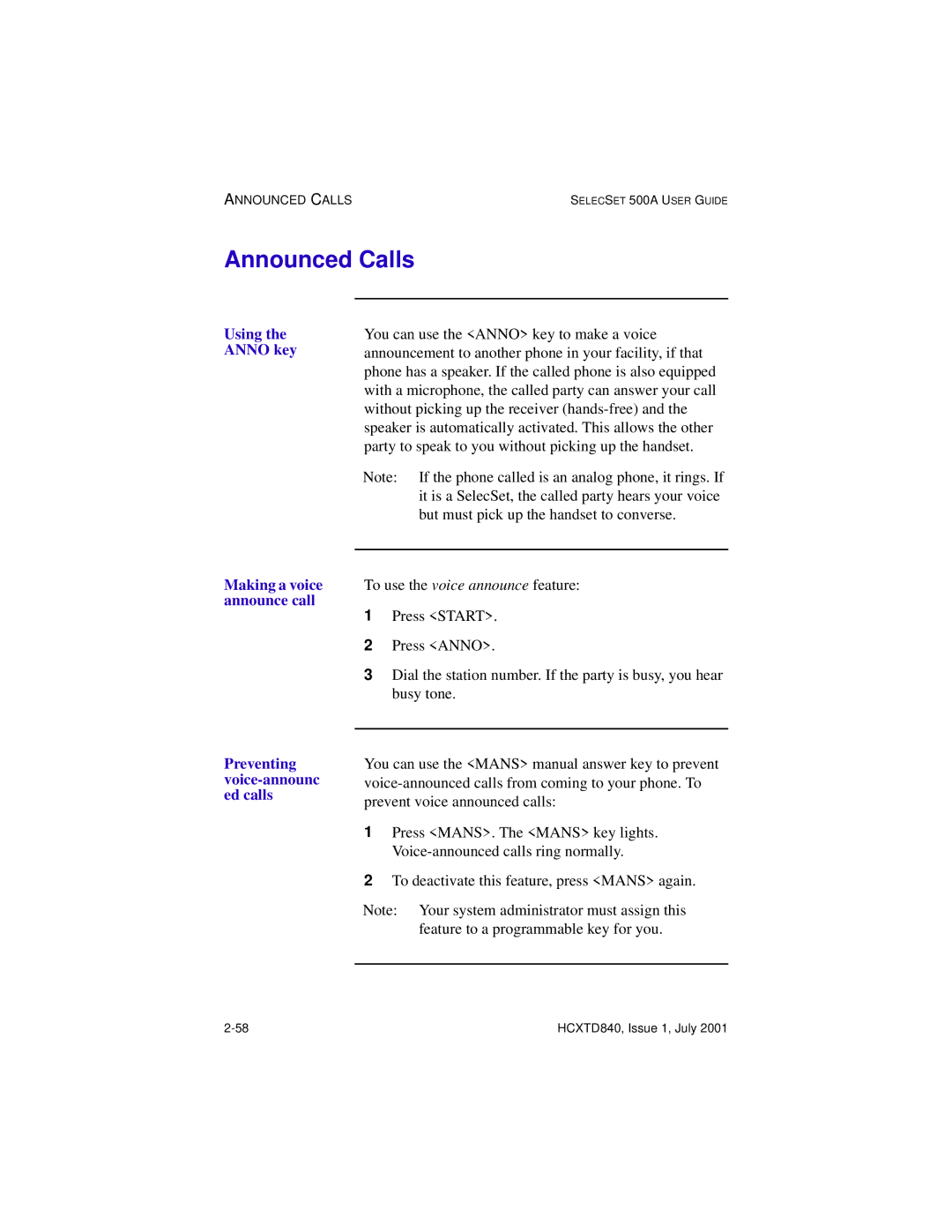 Hitachi HCX5000I manual Announced Calls, Using the Anno key 