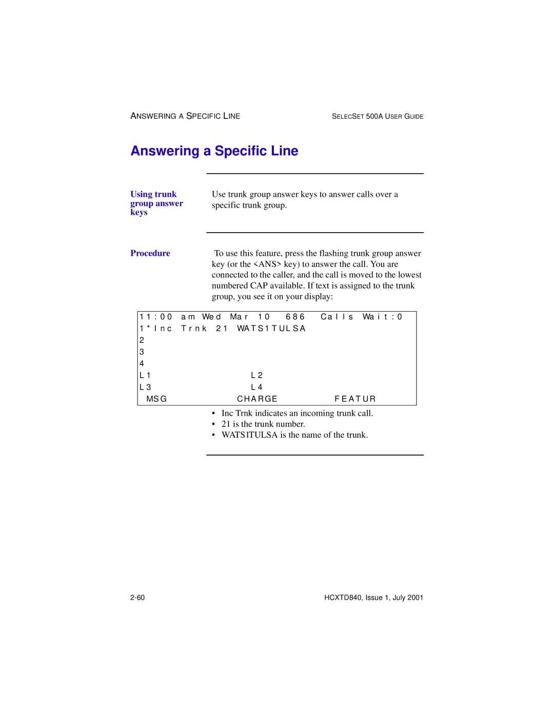 Hitachi HCX5000I manual Answering a Specific Line, Using trunk group answer keys Procedure 