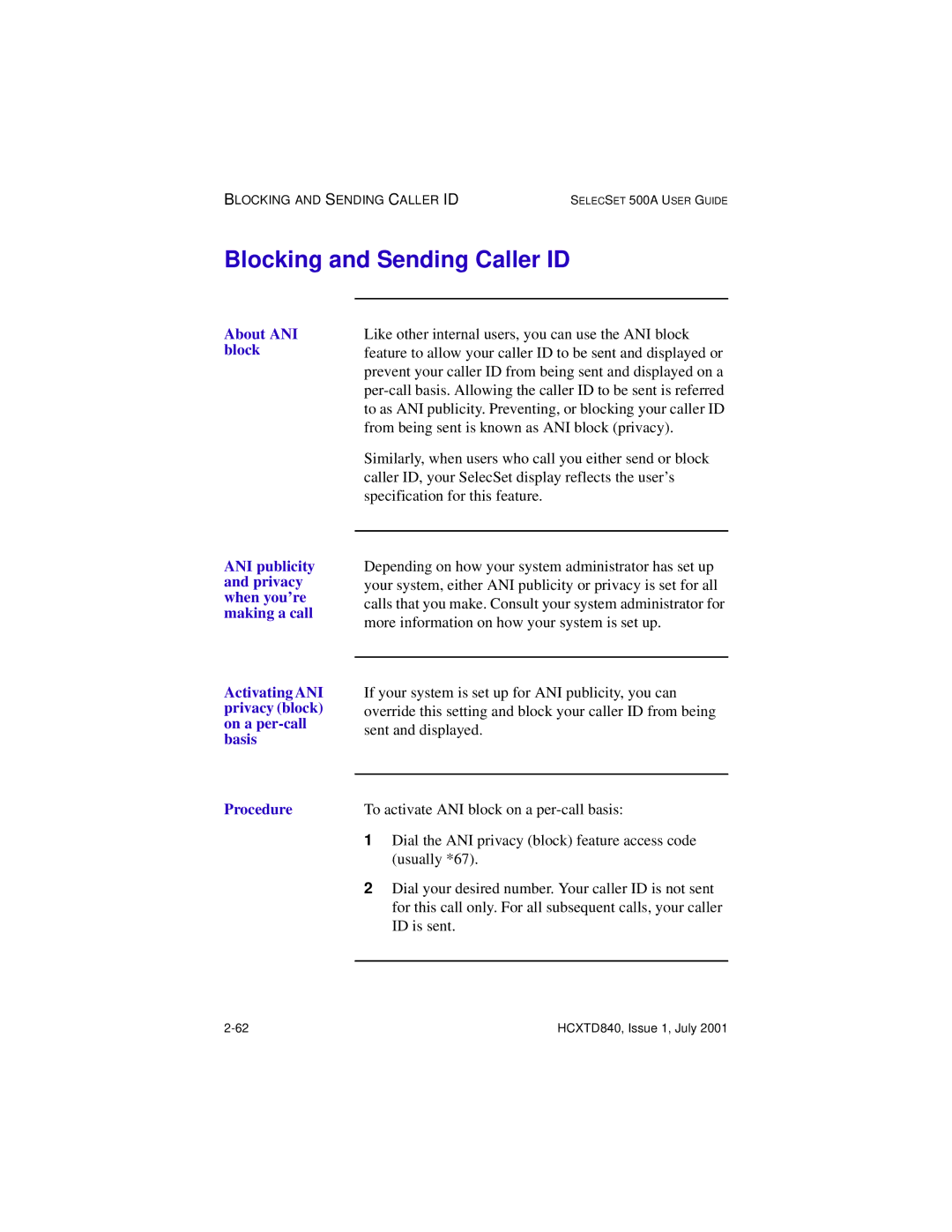 Hitachi HCX5000I manual Blocking and Sending Caller ID 