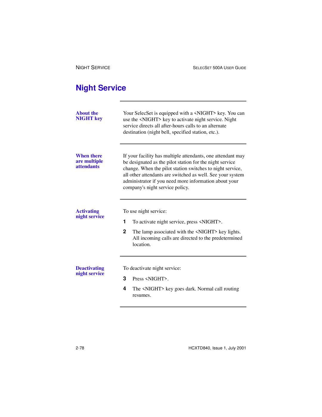 Hitachi HCX5000I manual Night Service, About the Night key When there are multiple attendants, Activating, Night service 