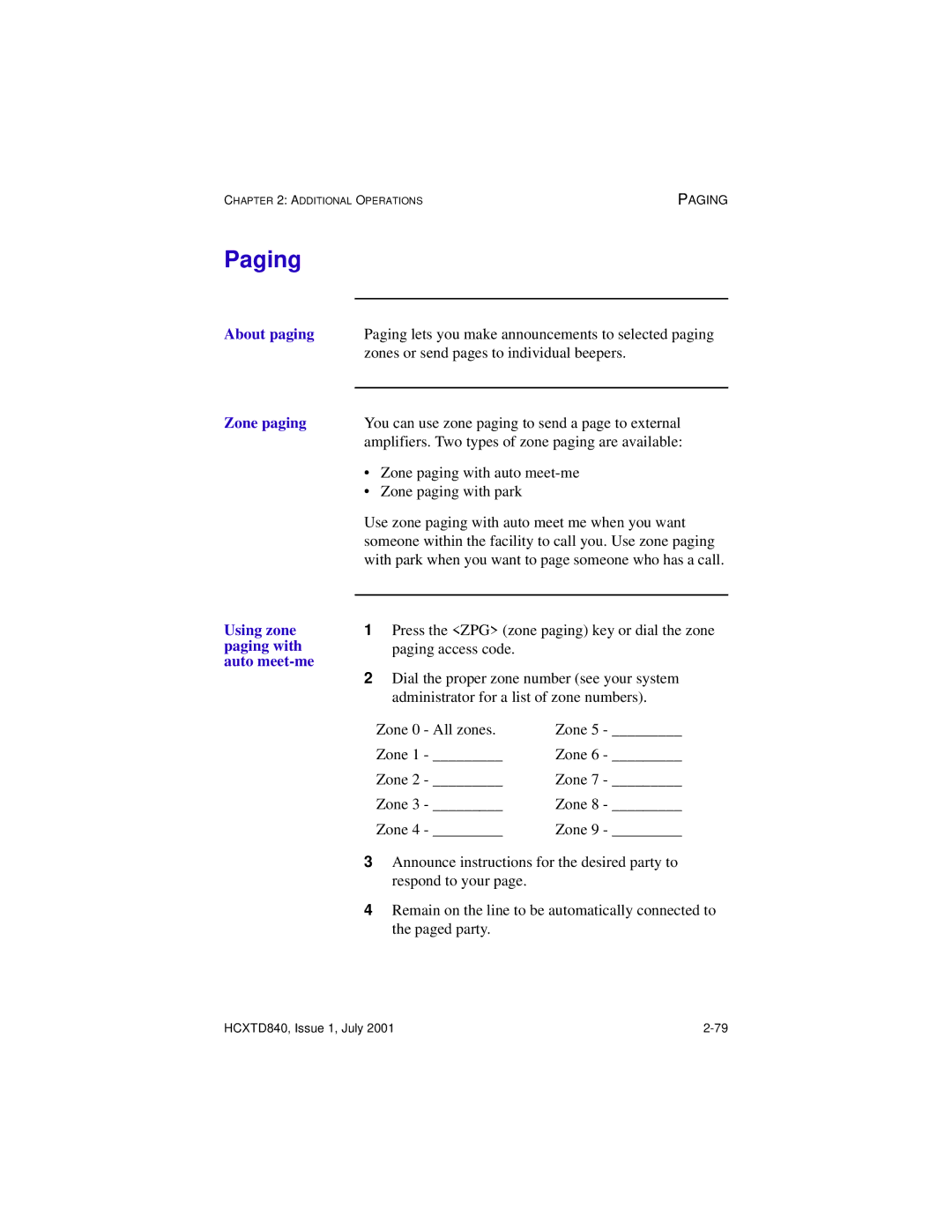 Hitachi HCX5000I manual Paging, About paging, Zone paging, Using zone paging with auto meet-me 