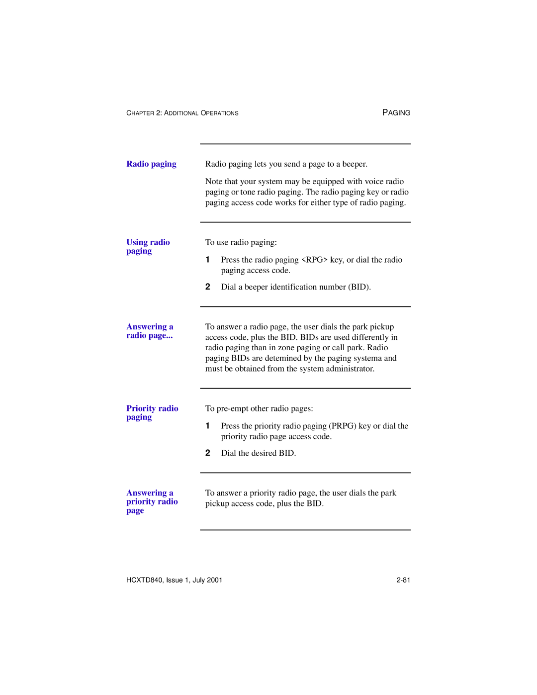 Hitachi HCX5000I manual Radio paging, Using radio, Paging, Answering a Radio Priority radio paging 