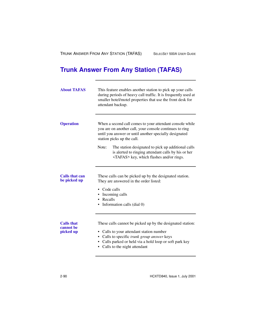 Hitachi HCX5000I manual Trunk Answer From Any Station Tafas 