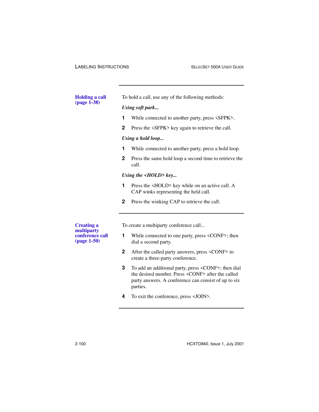 Hitachi HCX5000I manual Using soft park, Creating a multiparty conference call 