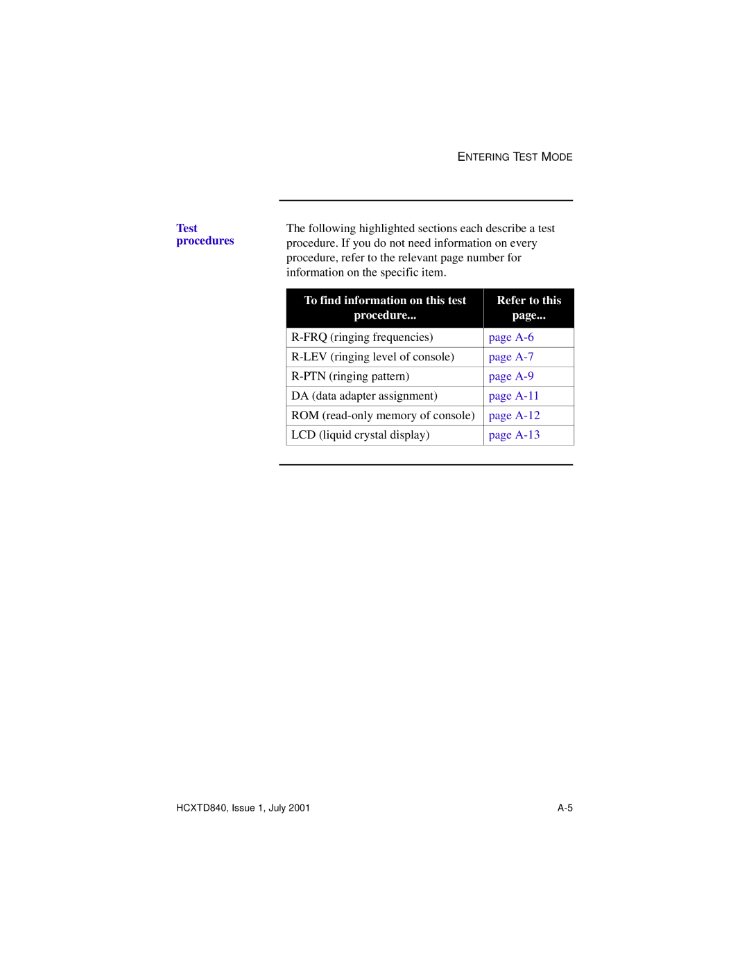 Hitachi HCX5000I manual Test procedures, To find information on this test Refer to this Procedure 