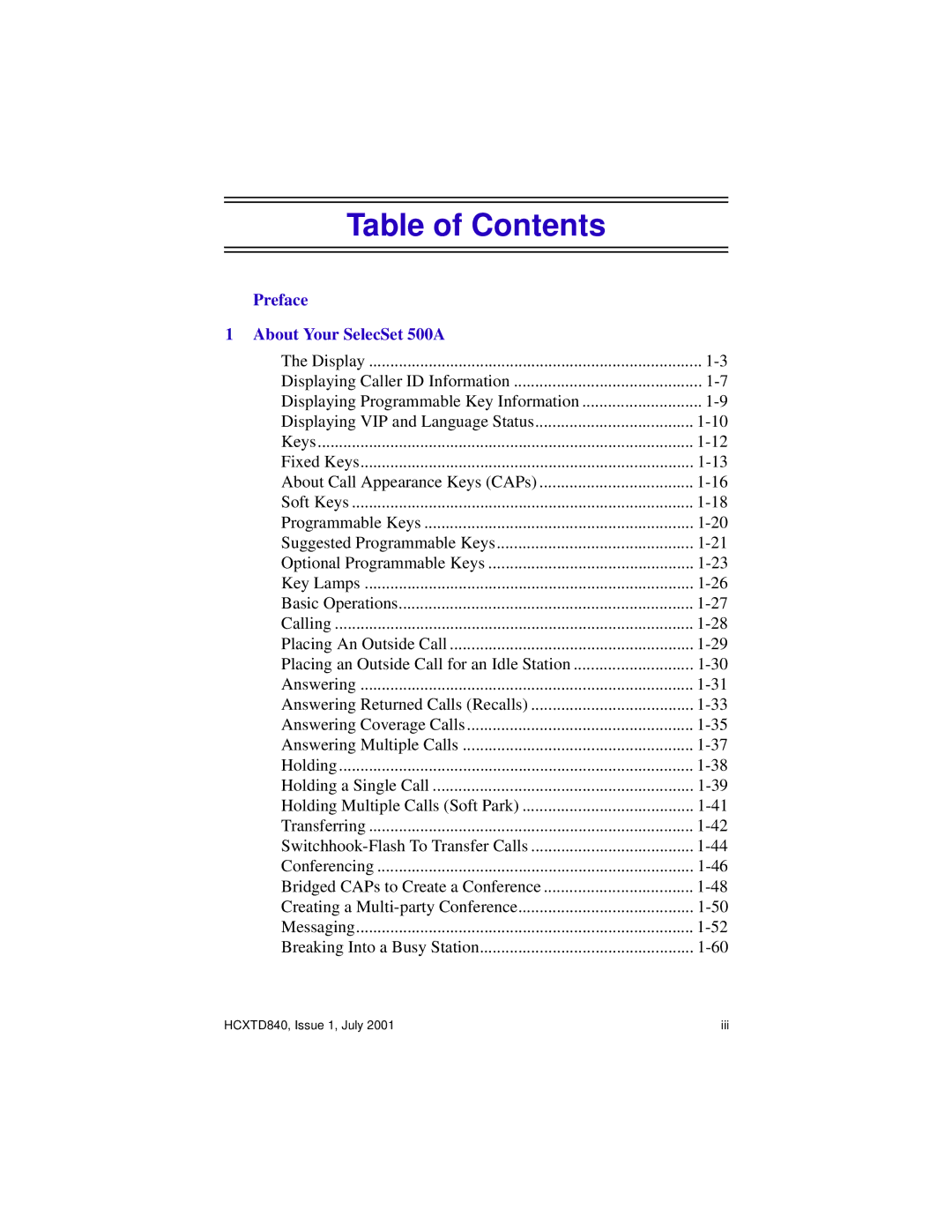 Hitachi HCX5000I manual Table of Contents 