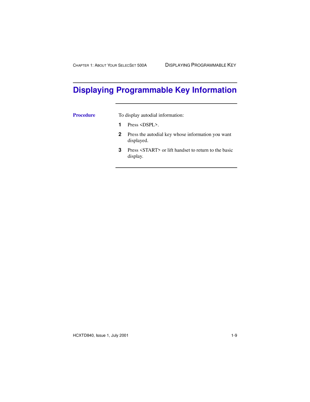 Hitachi HCX5000I manual Displaying Programmable Key Information, Procedure 