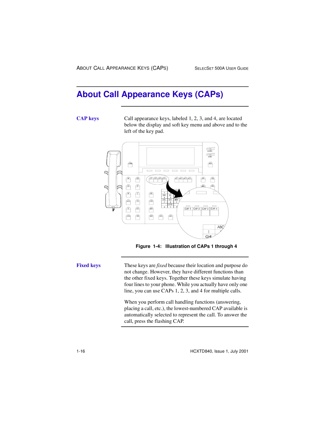 Hitachi HCX5000I manual About Call Appearance Keys CAPs, CAP keys, Fixed keys 