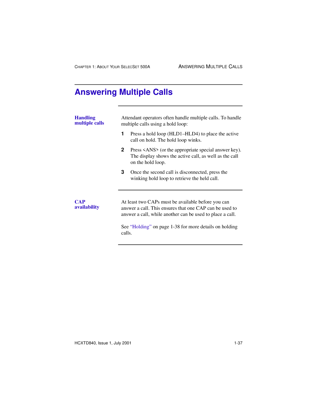 Hitachi HCX5000I manual Answering Multiple Calls, Handling multiple calls CAP availability 