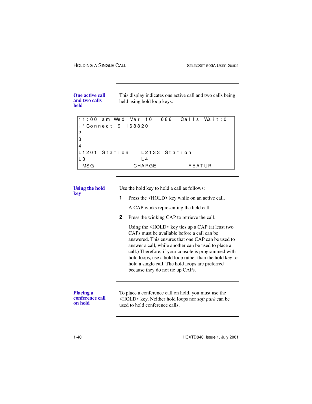 Hitachi HCX5000I manual Using the hold key Placing a conference call on hold 