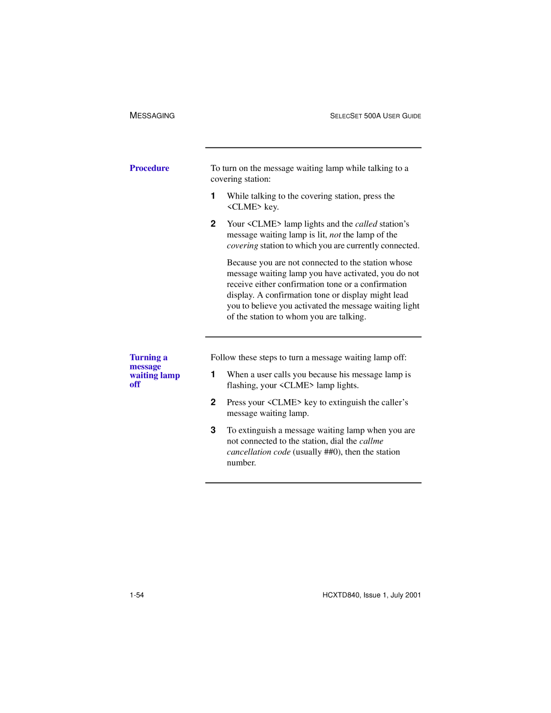 Hitachi HCX5000I manual Procedure Turning a message waiting lamp off 