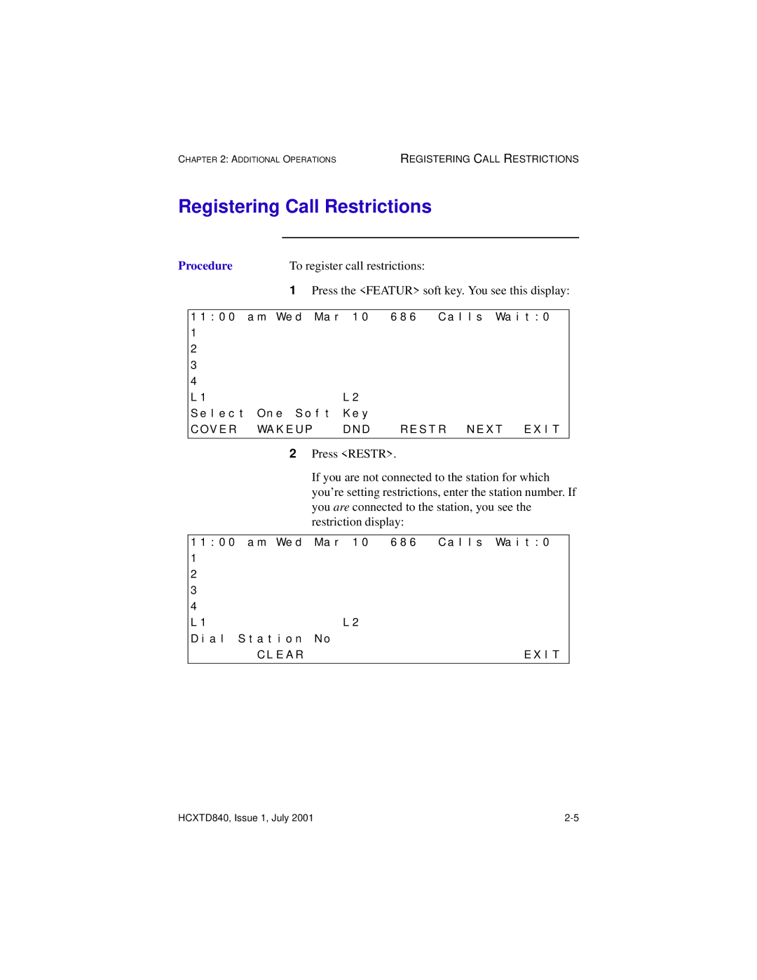 Hitachi HCX5000I manual Registering Call Restrictions, To register call restrictions 