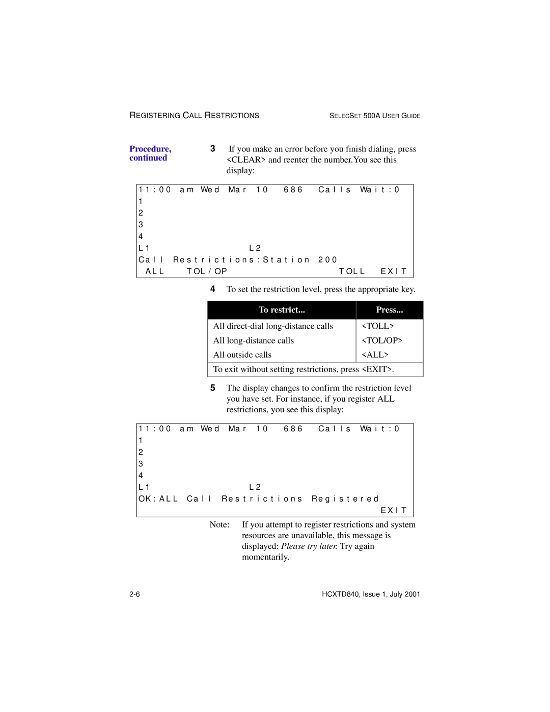 Hitachi HCX5000I manual To restrict Press, Toll TOL/OP ALL 