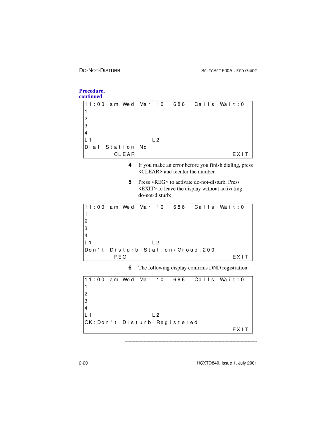 Hitachi HCX5000I manual Following display confirms DND registration 