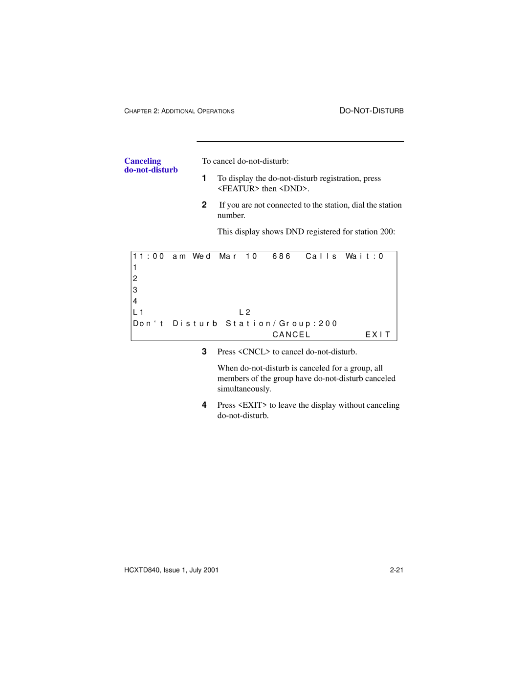 Hitachi HCX5000I Canceling, To cancel do-not-disturb, Do-not-disturb, To display the do-not-disturb registration, press 