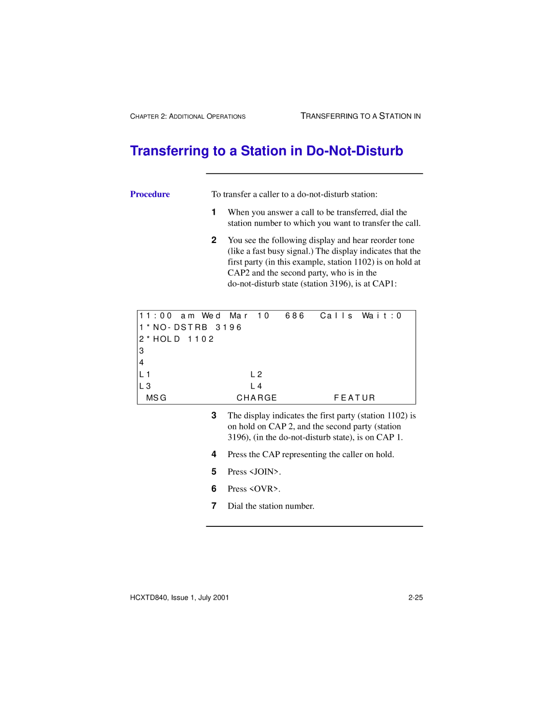 Hitachi HCX5000I manual Transferring to a Station in Do-Not-Disturb 