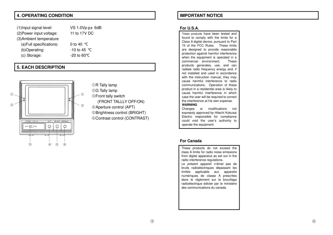 Hitachi HD500E specifications Operating Condition, Each Description, Important Notice, For U.S.A, For Canada 