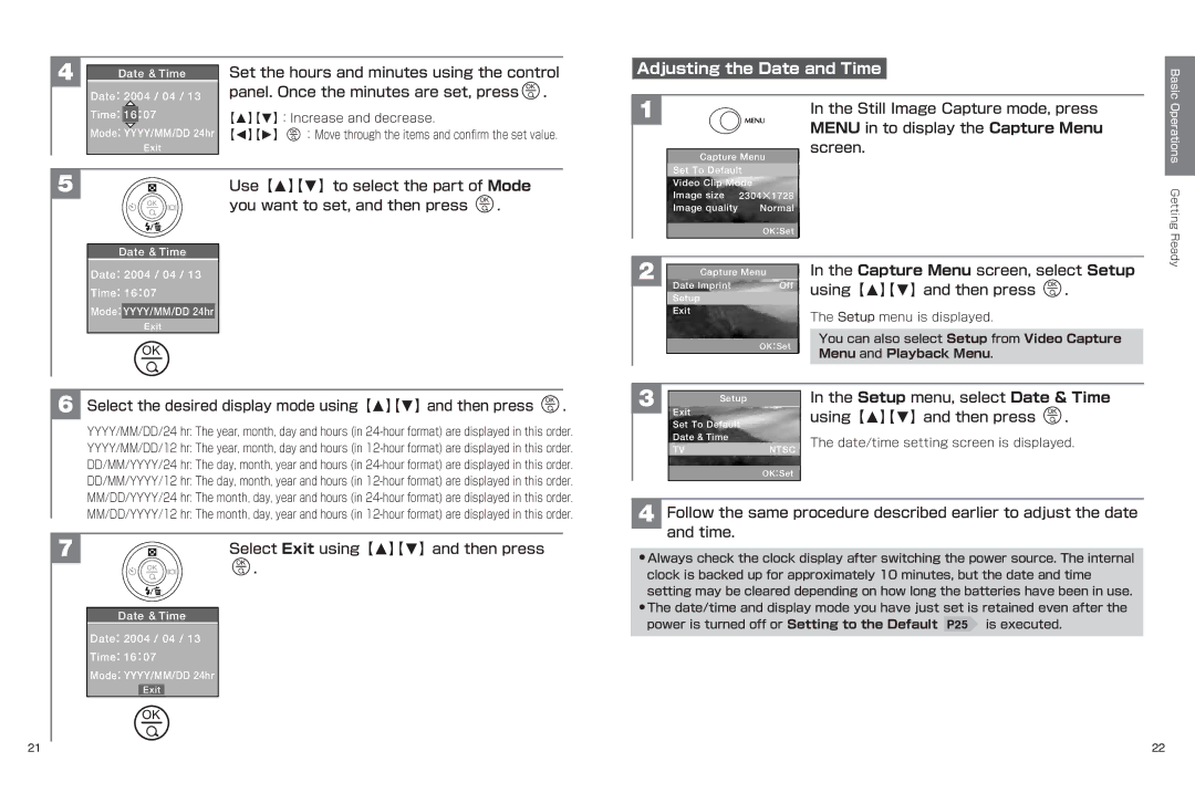 Hitachi hdc-401ex manual Adjusting the Date and Time, Setup menu, select Date & Time, Using【M】【N】and then press 