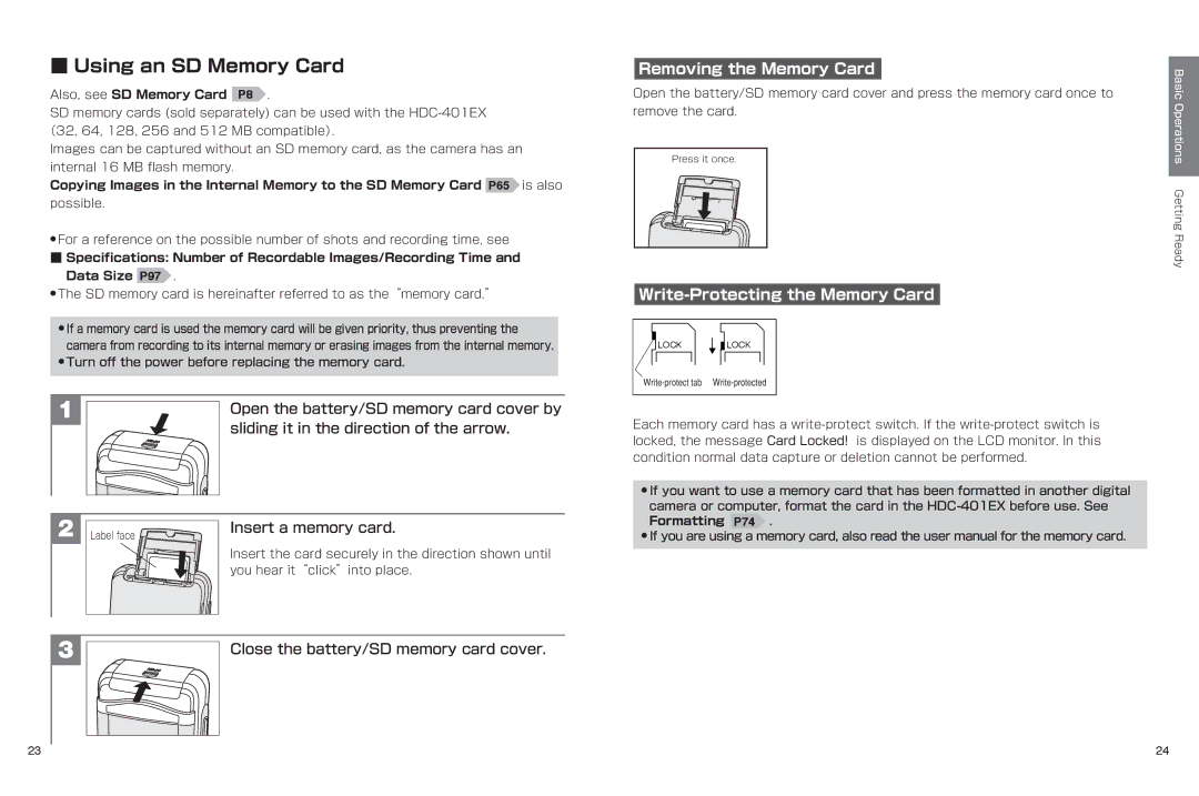 Hitachi hdc-401ex Using an SD Memory Card, Insert a memory card, Removing the Memory Card, Also, see SD Memory Card P8 