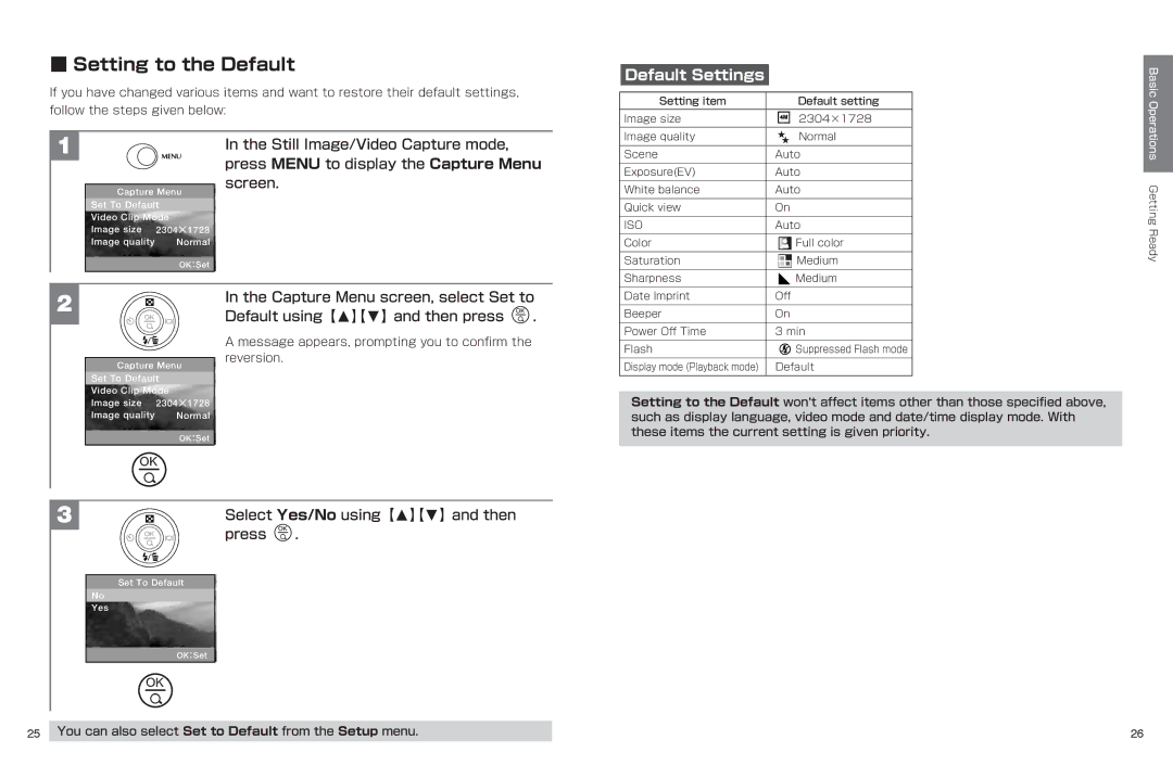 Hitachi hdc-401ex manual Setting to the Default, Default Settings, Select Yes/No using 【M 】【N 】and then, Press 