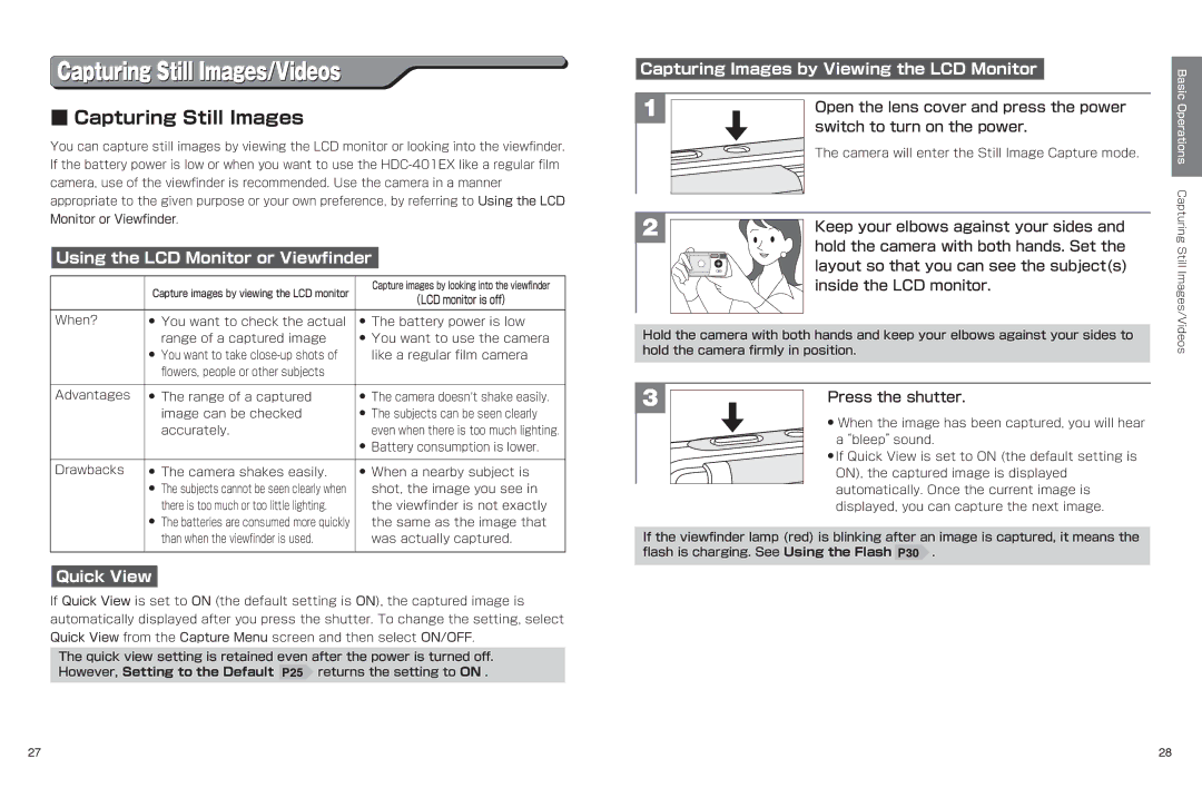 Hitachi hdc-401ex manual Capturing Still Images, Using the LCD Monitor or Viewfinder, Quick View 