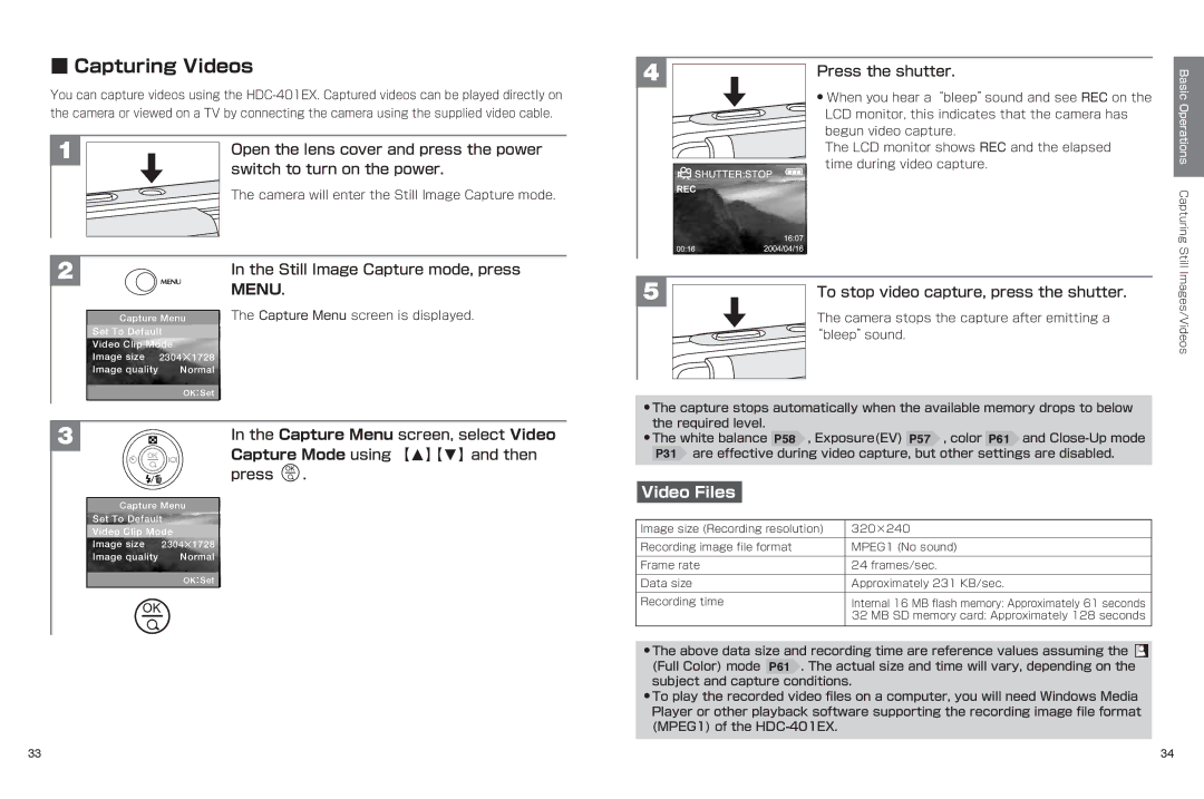 Hitachi hdc-401ex manual Capturing Videos, Capture Menu screen, select Video, Capture Mode using 【M 】【N 】and then, Press 