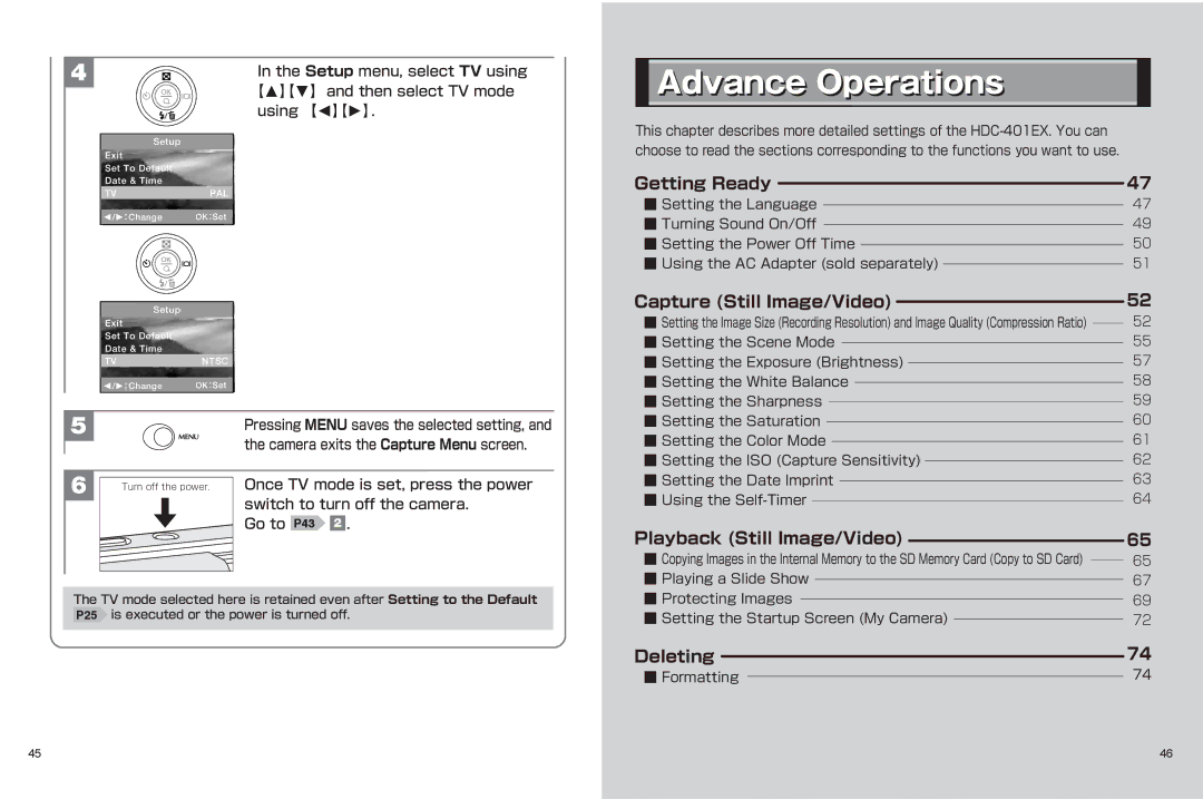 Hitachi hdc-401ex Setup menu, select TV using, 【M】【N】 and then select TV mode using 【O】【P】, Switch to turn off the camera 