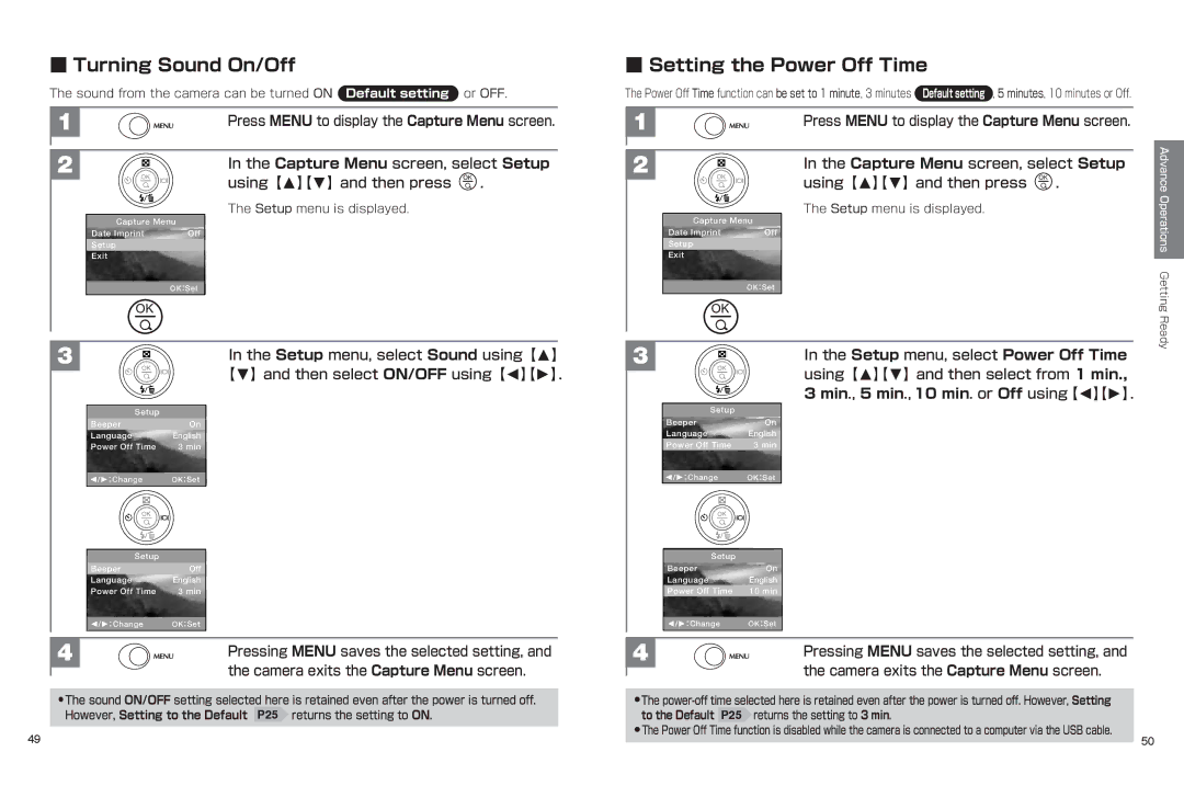 Hitachi hdc-401ex manual Turning Sound On/Off, Setting the Power Off Time, Pressing Menu saves the selected setting 