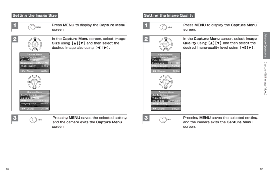 Hitachi hdc-401ex manual Setting the Image Size, Pressing Menu saves the selected setting, Camera exits the Capture Menu 