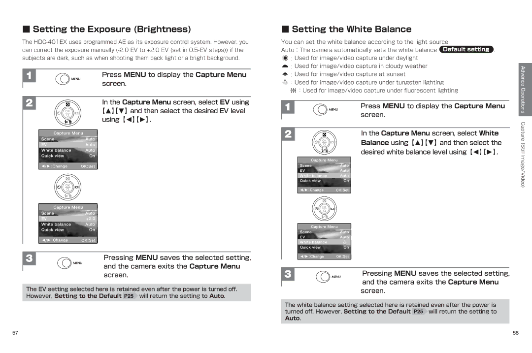 Hitachi hdc-401ex manual Setting the Exposure Brightness, Setting the White Balance 