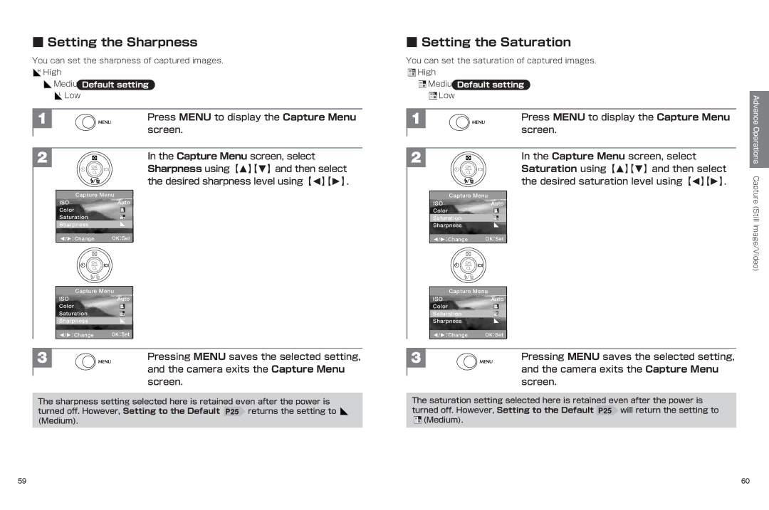 Hitachi hdc-401ex manual Setting the Sharpness Setting the Saturation, Press Menu to display the Capture Menu Screen 