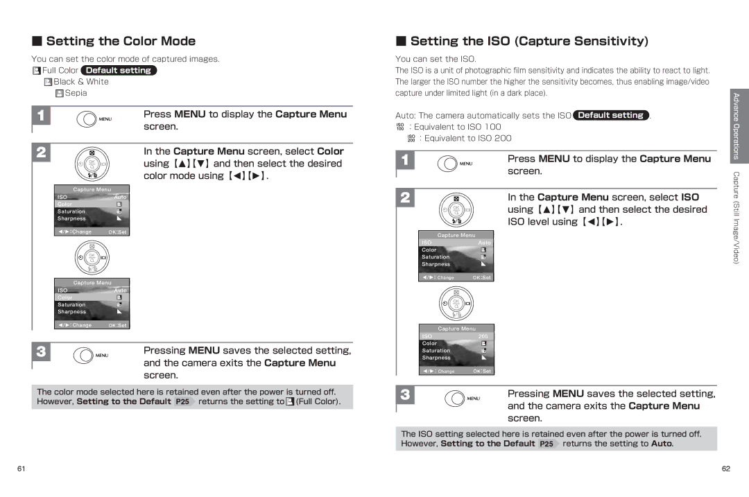 Hitachi hdc-401ex manual Setting the Color Mode, Setting the ISO Capture Sensitivity, Capture Menu screen, select ISO 