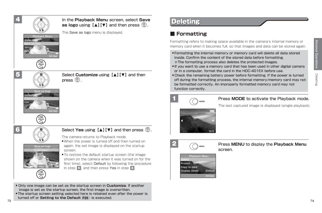 Hitachi hdc-401ex manual Formatting, Select Customize using 【M 】【N 】and then, Select Yes using【M】【N】and then press 