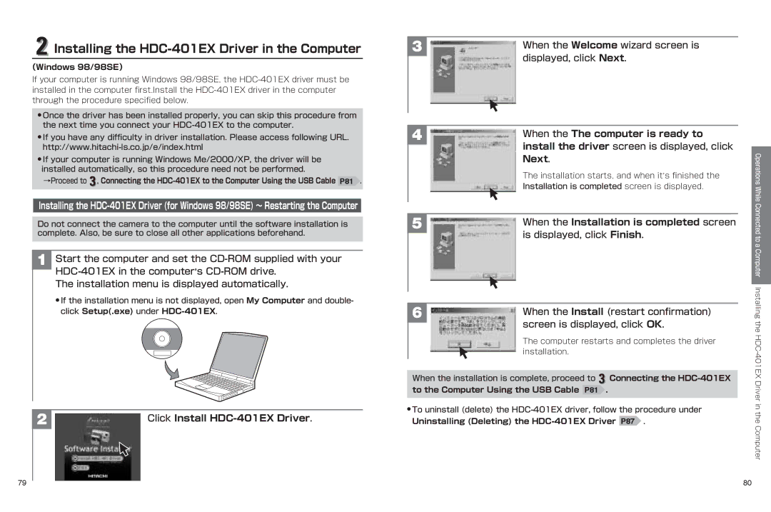 Hitachi hdc-401ex manual Installing the HDC-401EX Driver in the Computer, Click Install HDC-401EX Driver, Next 