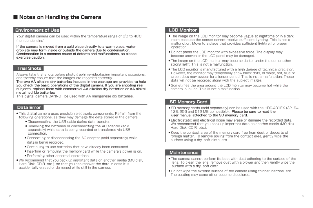 Hitachi hdc-401ex manual Environment of Use, Trial Shots, Data Error, LCD Monitor, SD Memory Card, Maintenance 