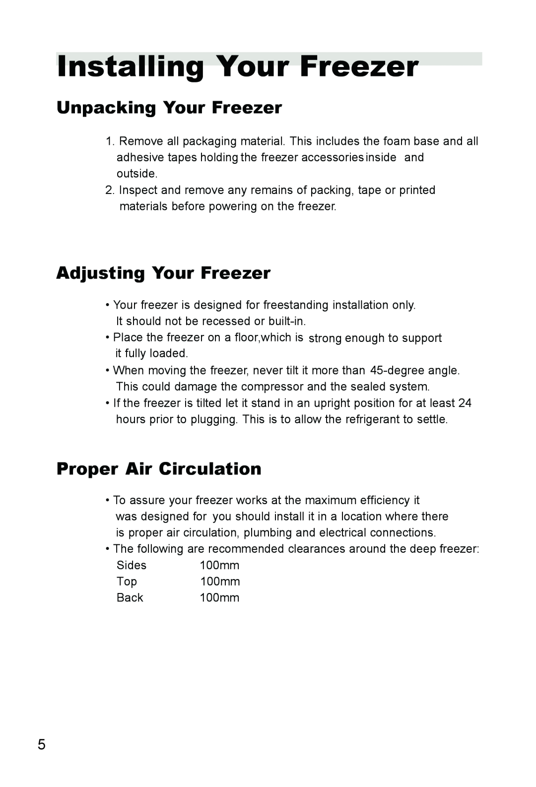 Hitachi HDF-385H manual Installing Your Freezer, Unpacking Your Freezer, Adjusting Your Freezer, Proper Air Circulation 