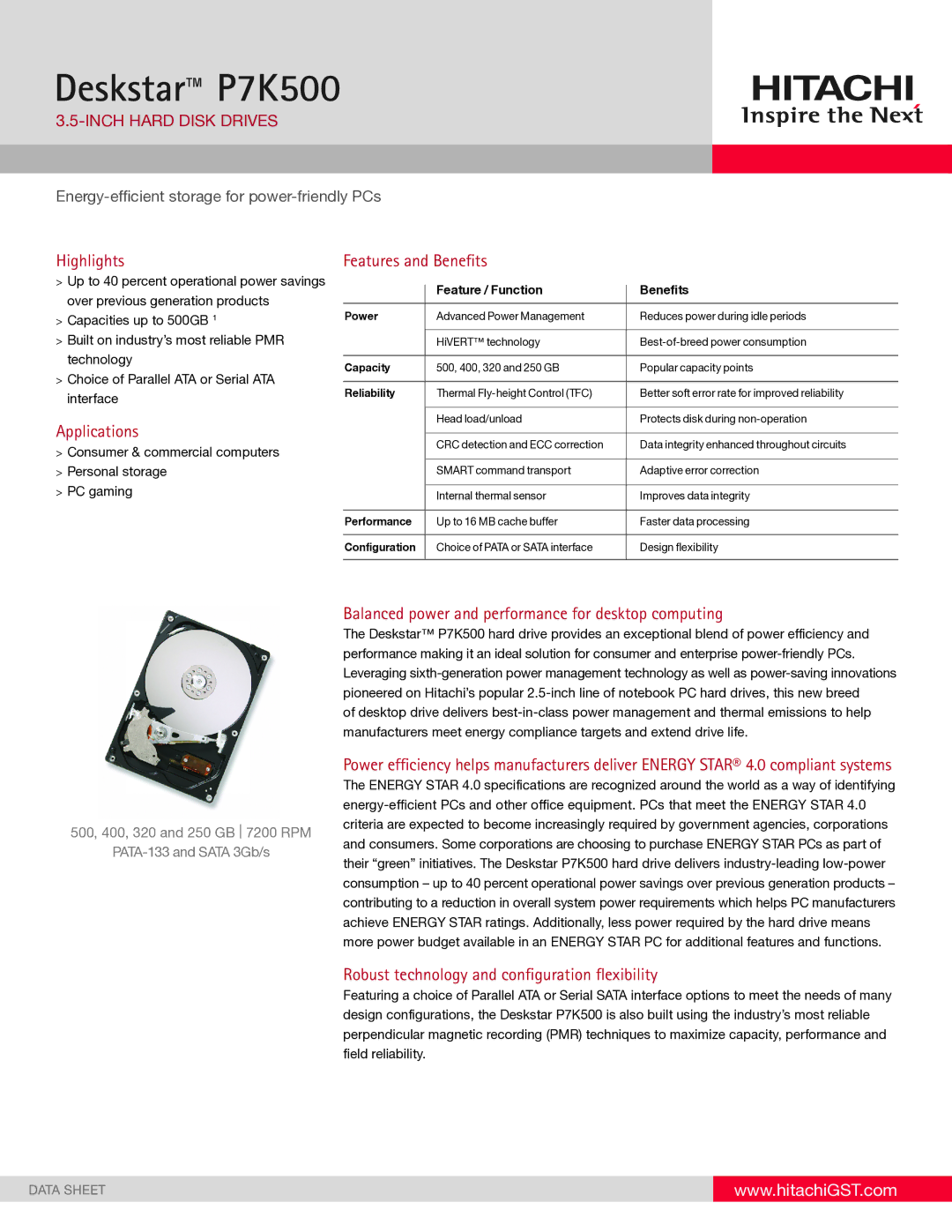 Hitachi HDS725050KLA360 specifications Highlights, Applications, Balanced power and performance for desktop computing 