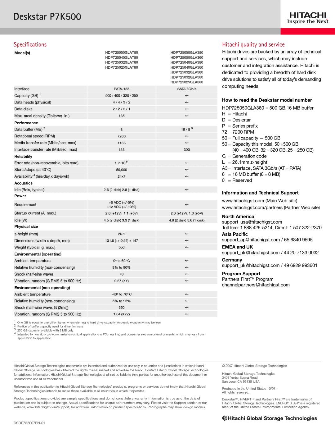 Hitachi P7K500, HDP725025GLA380 Specifications, Hitachi quality and service, How to read the Deskstar model number 