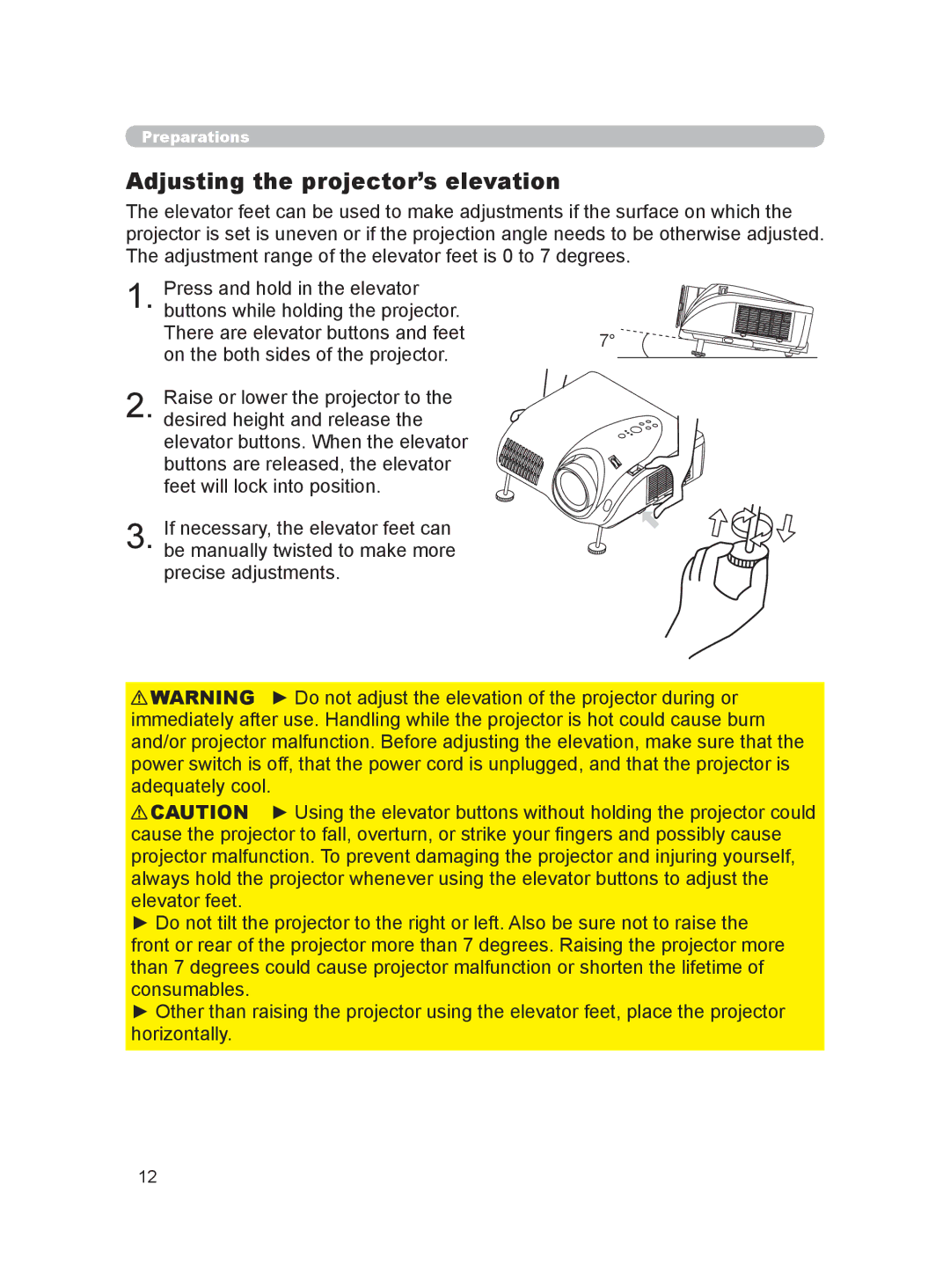 Hitachi HDPJ52 user manual Adjusting the projector’s elevation 