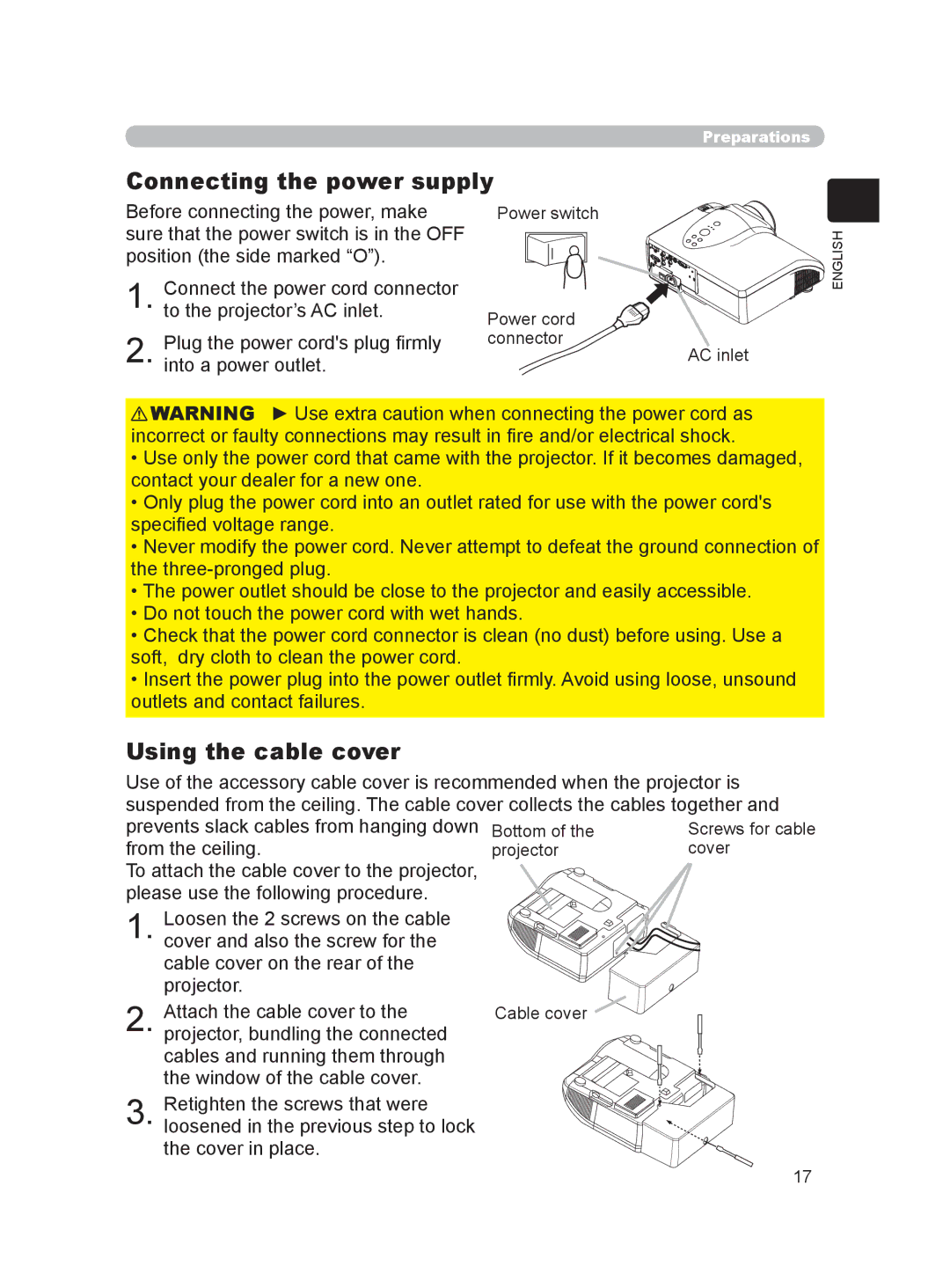 Hitachi HDPJ52 user manual Connecting the power supply, Using the cable cover 