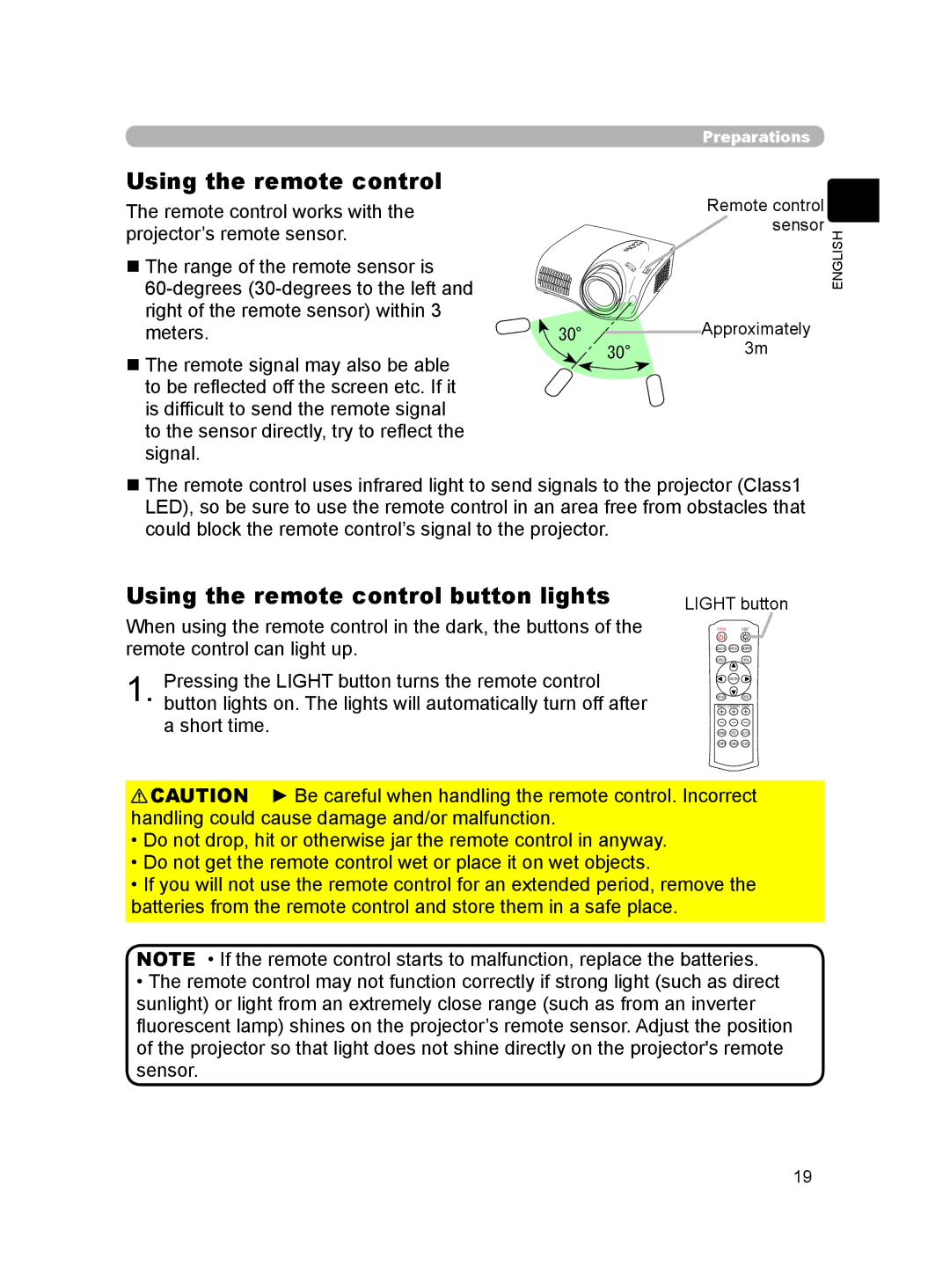 Hitachi HDPJ52 user manual Using the remote control button lights, Remote control Sensor Approximately, Light button 