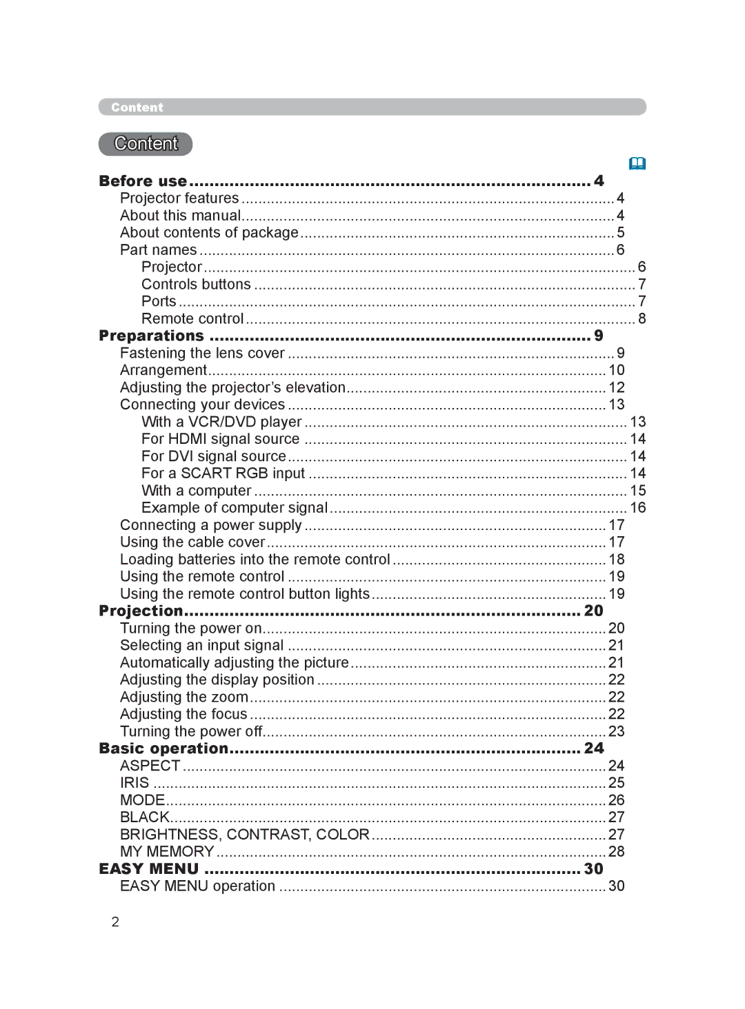 Hitachi HDPJ52 user manual Before use, Preparations, Projection, Basic operation, Easy Menu operation 