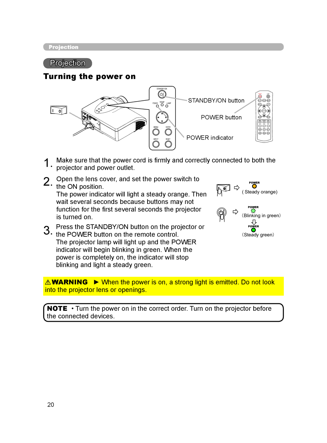 Hitachi HDPJ52 user manual Turning the power on, STANDBY/ON button, Power button, Power indicator 