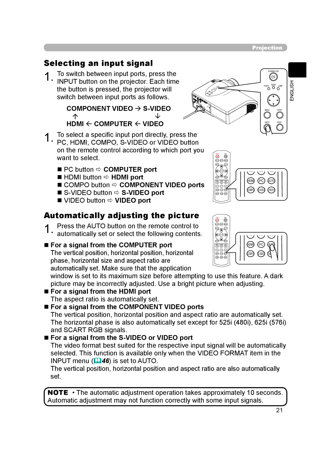 Hitachi HDPJ52 user manual Selecting an input signal, Automatically adjusting the picture 