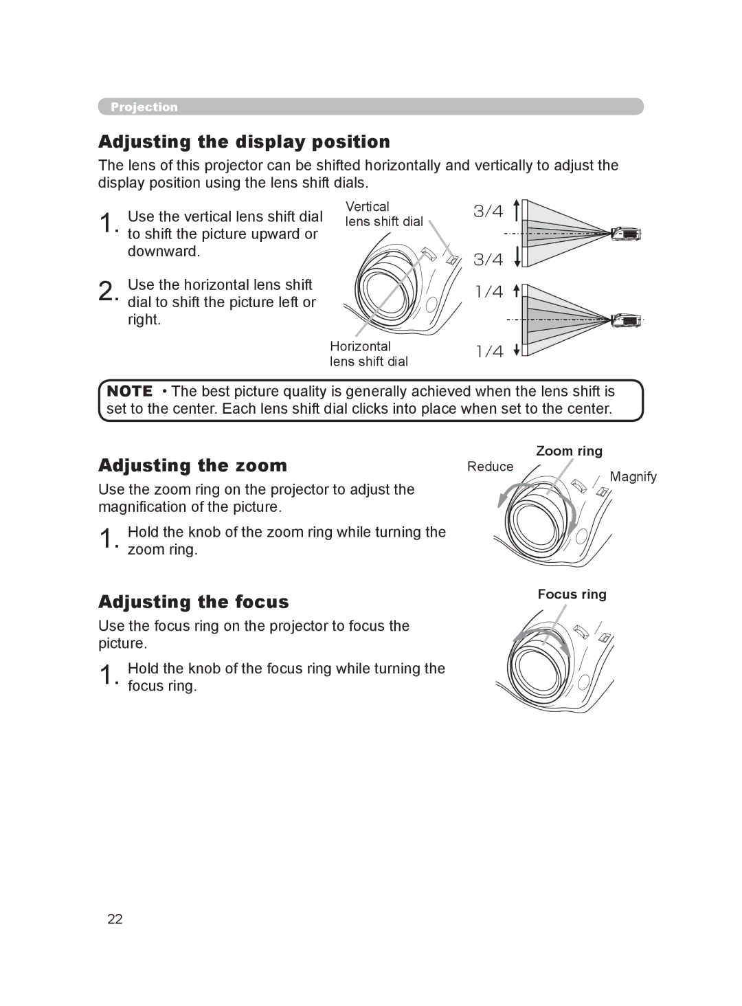 Hitachi HDPJ52 user manual Adjusting the display position, Adjusting the zoom, Adjusting the focus, Zoom ring, Focus ring 