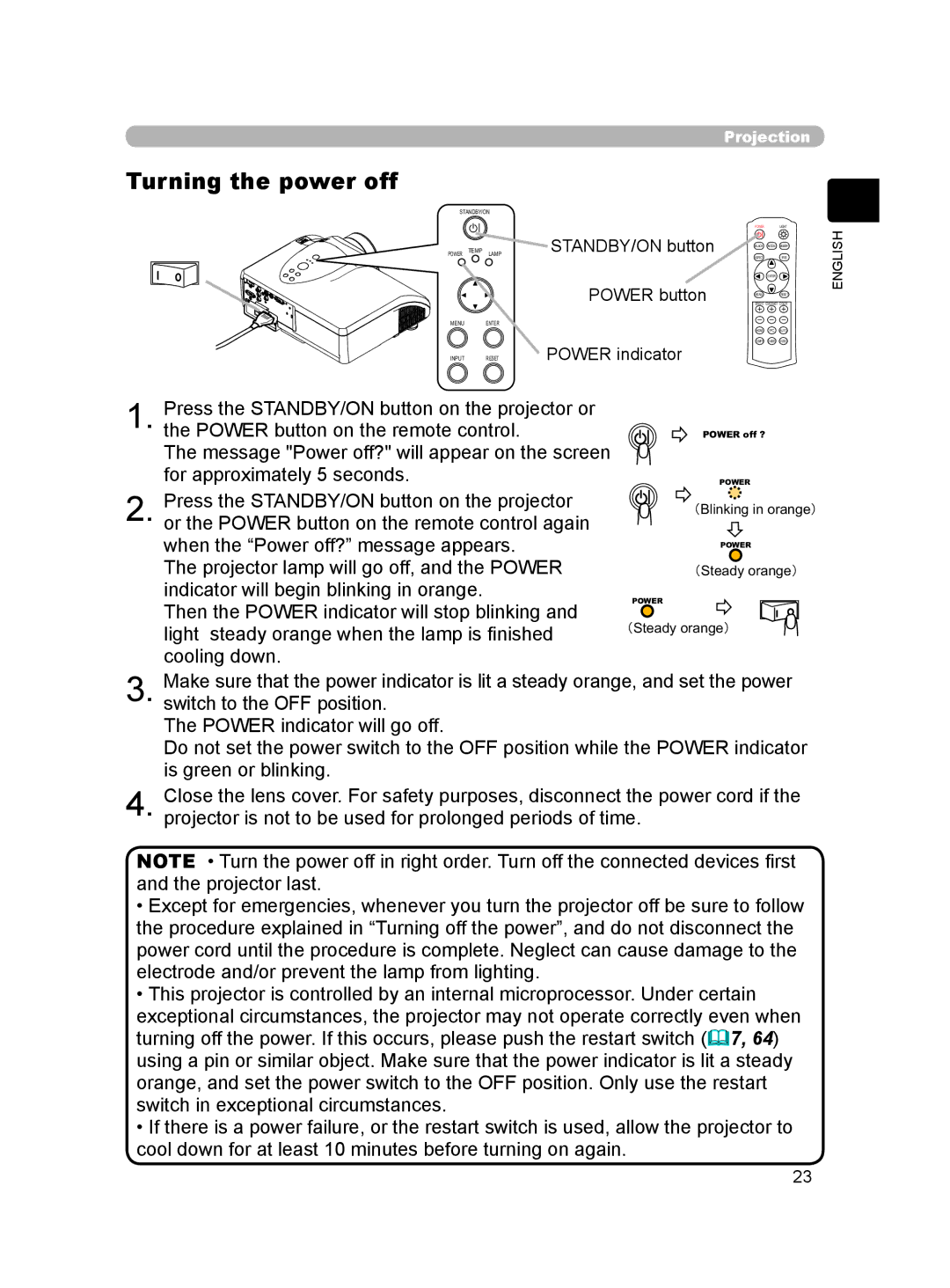 Hitachi HDPJ52 user manual Turning the power off, STANDBY/ON button 