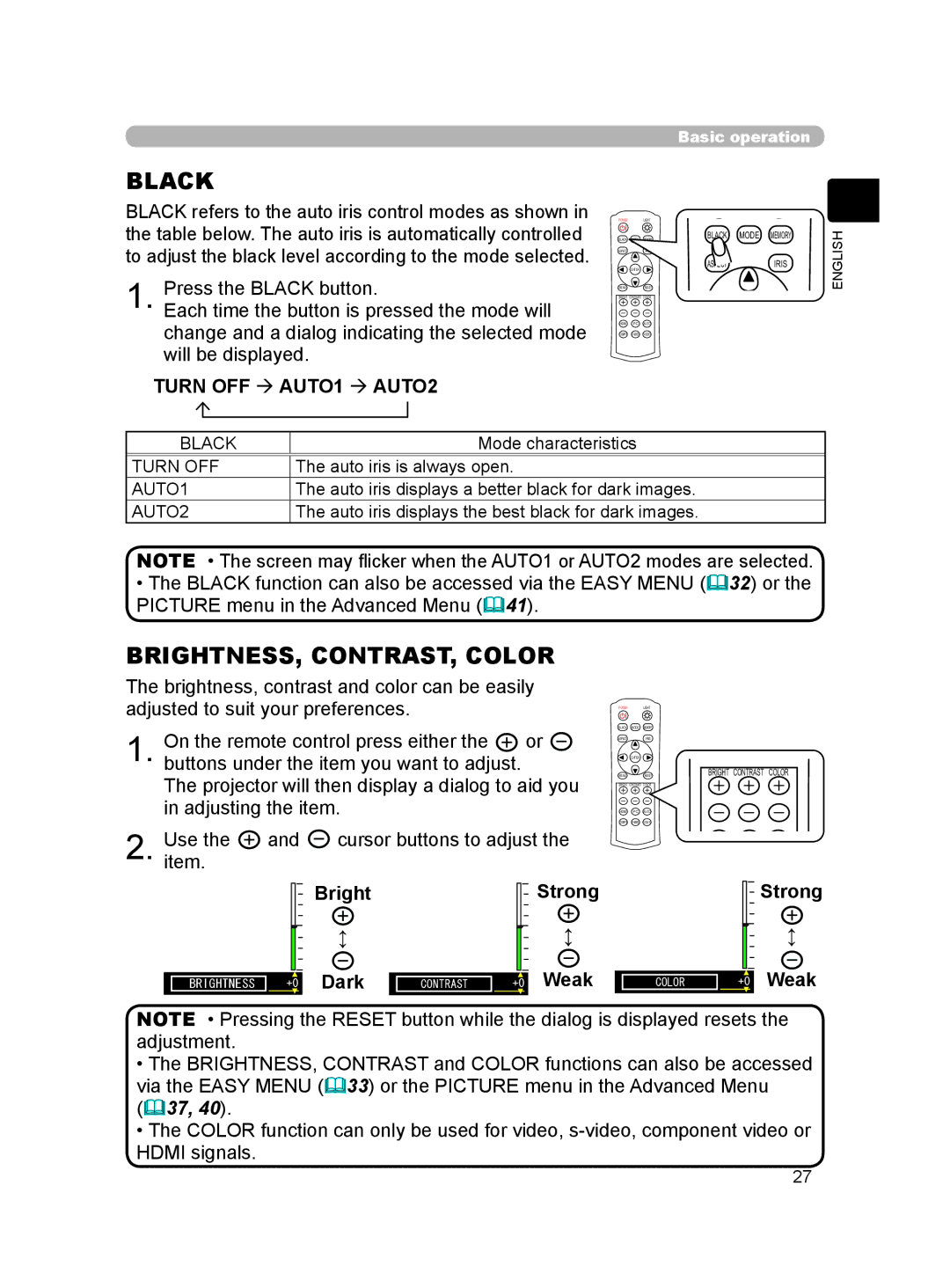 Hitachi HDPJ52 user manual Bright Dark, Turn OFF, AUTO1, AUTO2 